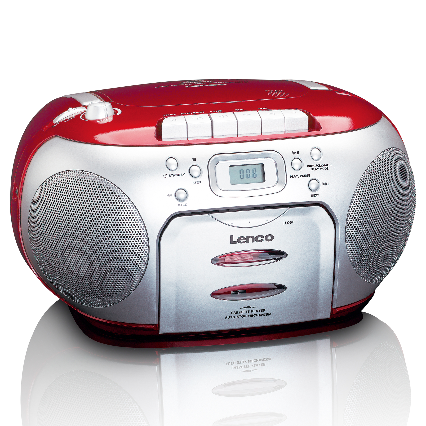 Boombox rouge et argenté avec haut-parleurs, boutons et affichage numérique. Sur fond blanc.