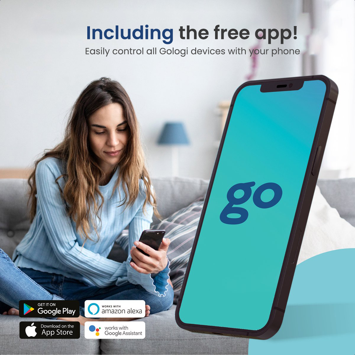 Eine Frau hält ein Telefon, ein anderes Telefon zeigt eine App mit dem Text "Including the free app!".