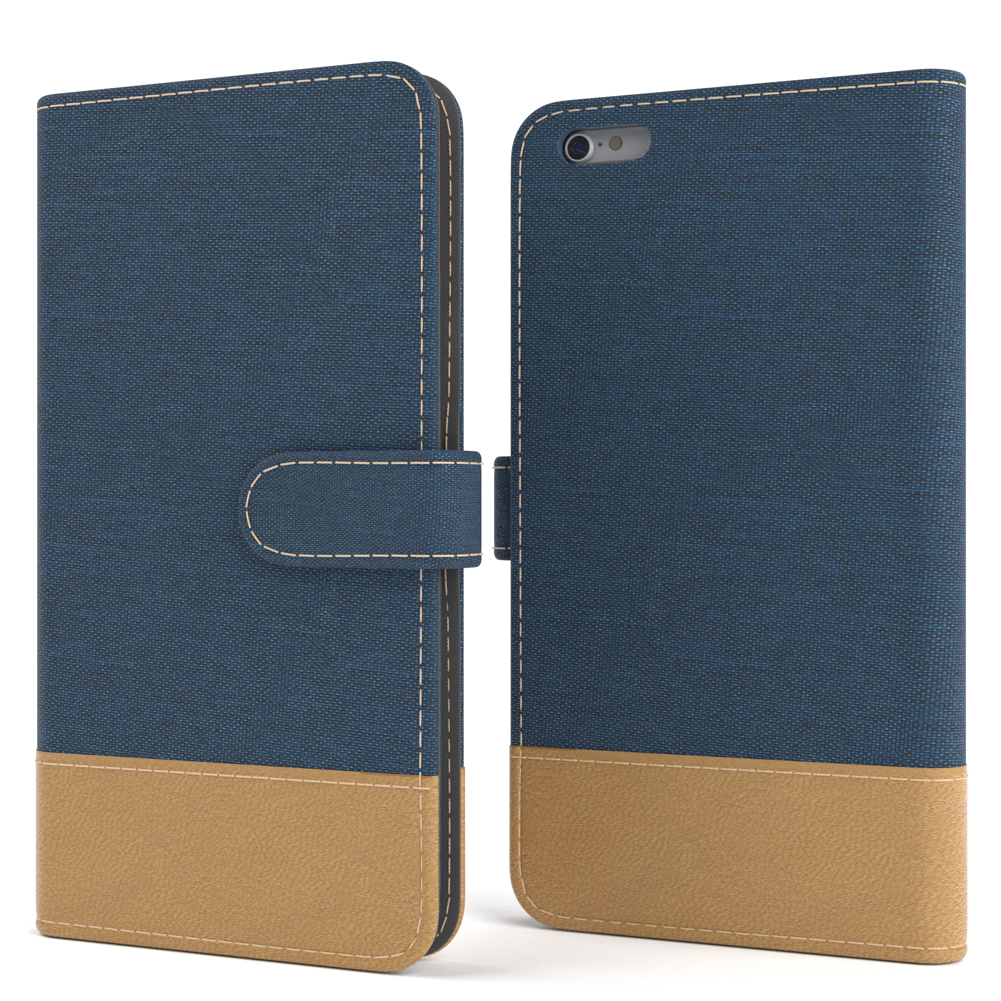 Eine blau-beige Handyhülle, offen, um das Telefon zu zeigen, mit einem Knopfverschluss.