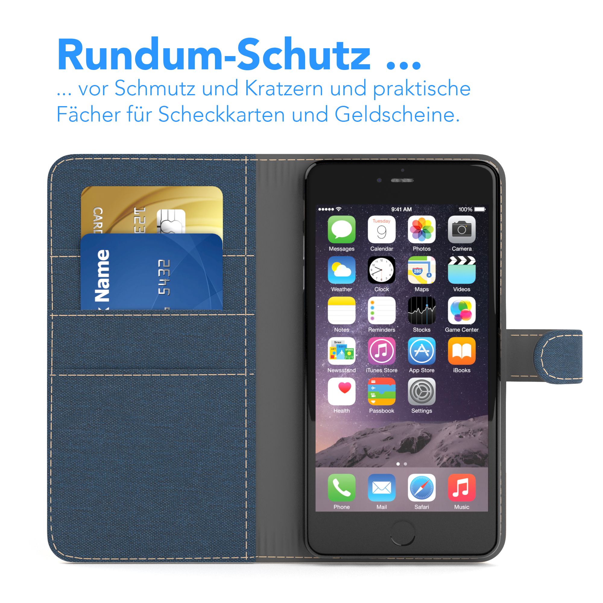 Blaue Handyhülle mit zwei Kartenfächern und Smartphone.
