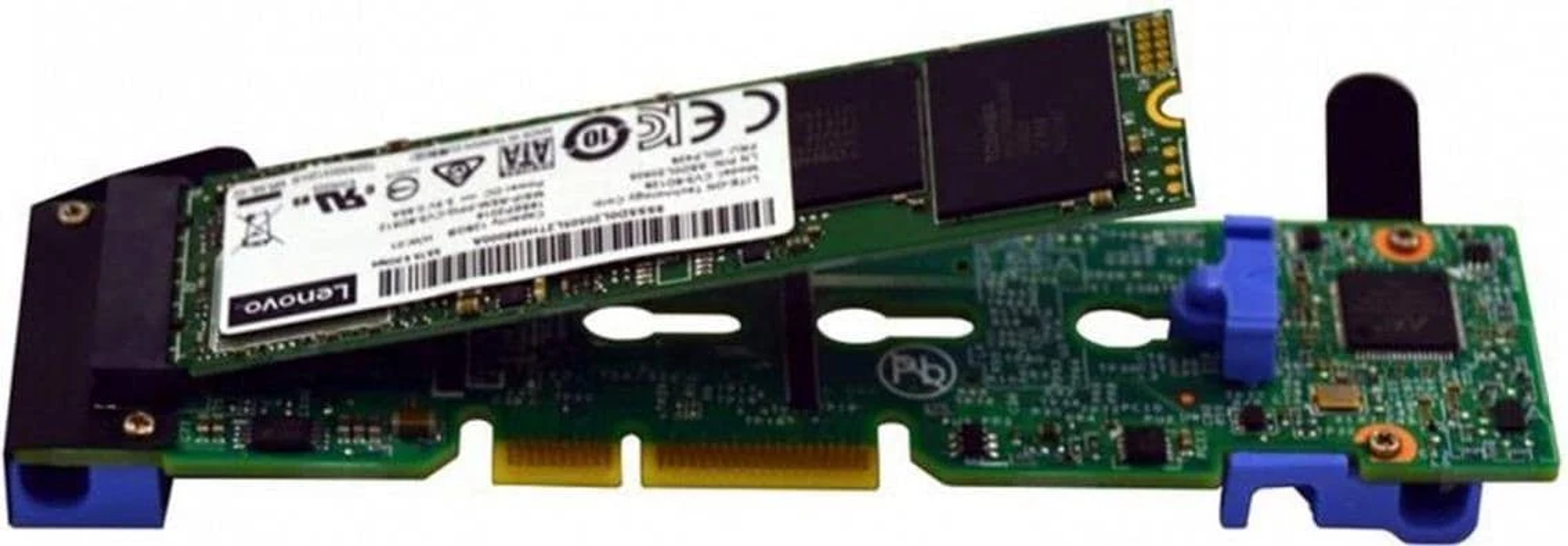 Componente de computadora con circuitos verdes y negros, dos clips azules y etiqueta Lenovo.
