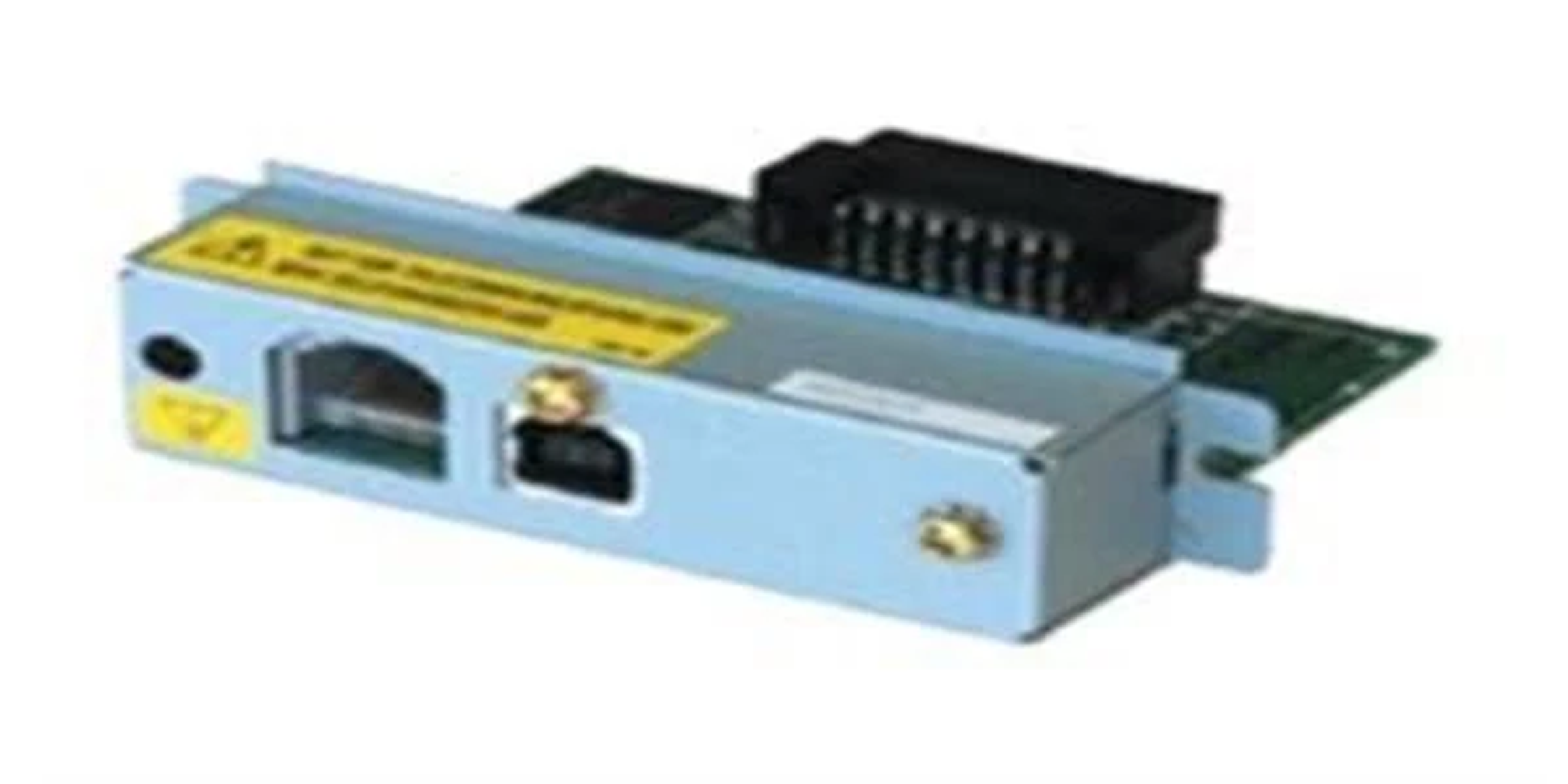 Dispositivo electrónico. Plateado y azul, con conectores y una pequeña placa de circuito.