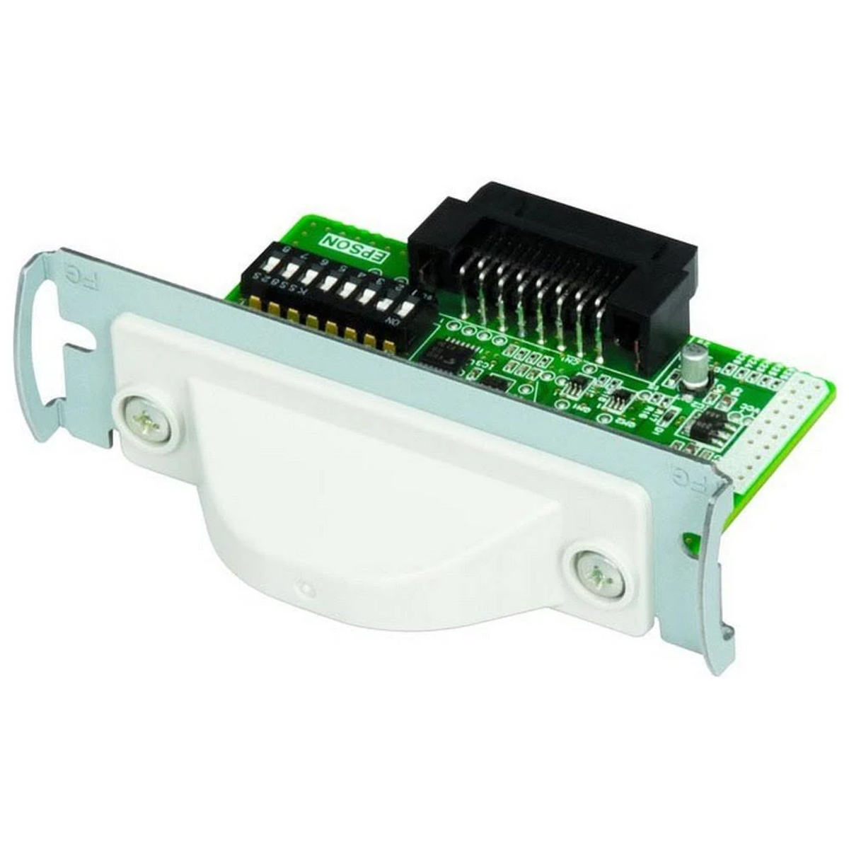 Una pequeña placa de circuito con conectores y el logotipo de Epson. Tiene colores verde y blanco.