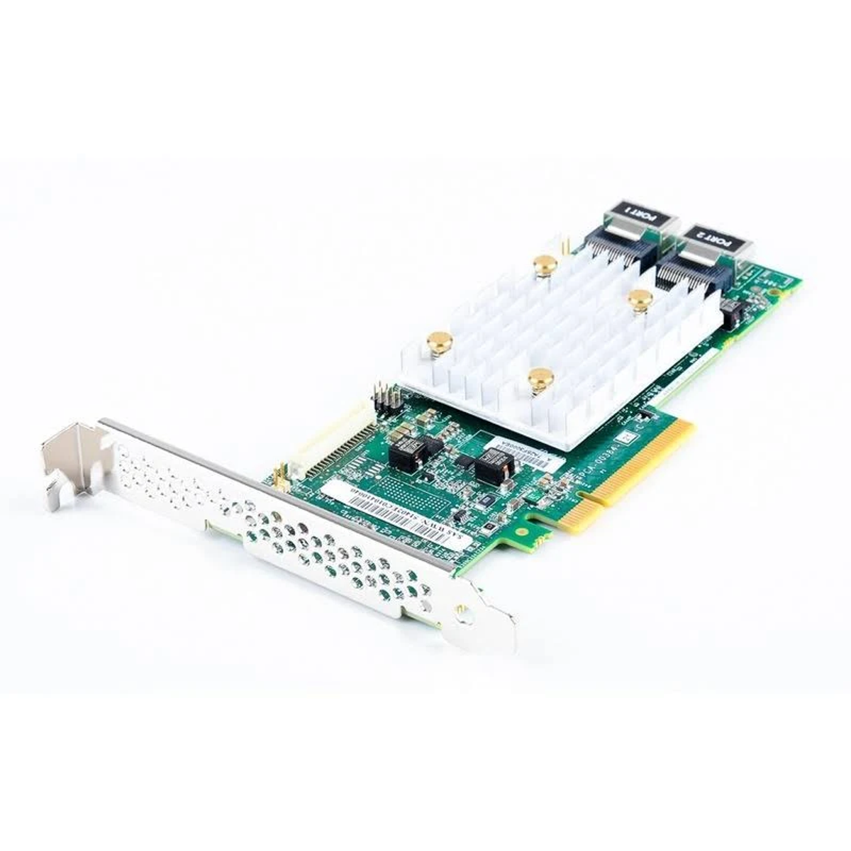 Hardware de computadora verde y blanca con dos puertos, sobre fondo blanco.