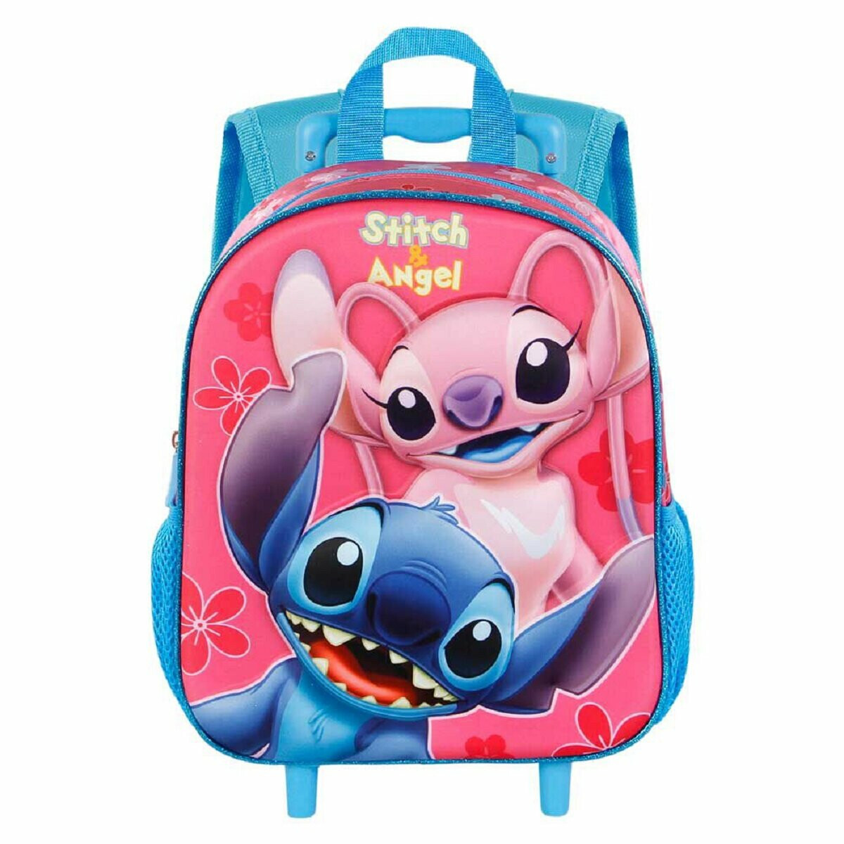Rosa Stitch & Angel Rucksack, blaue Akzente, mit Stitch- und Angel-Illustrationen.