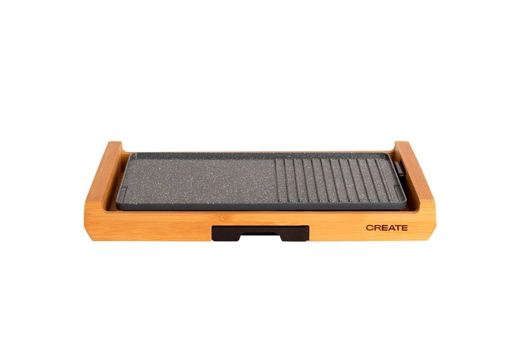 Parrilla eléctrica sobre una base de madera. Tiene una superficie antiadherente, con el logo CREATE.