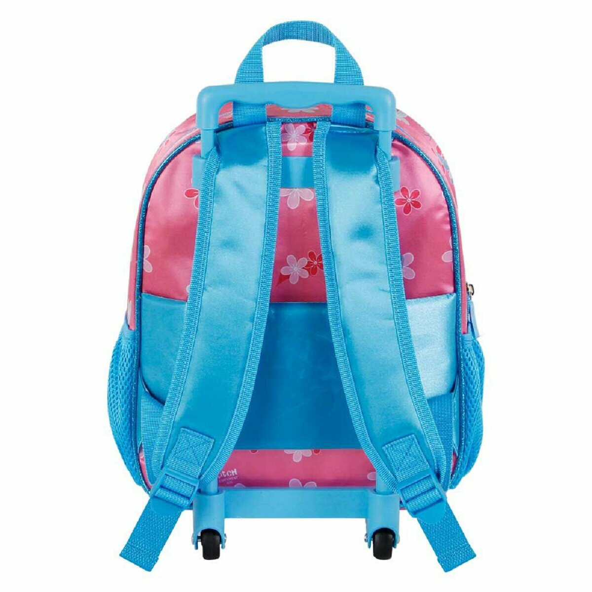 Pinker und blauer Rollrucksack mit floralem Muster und blauem Griff.