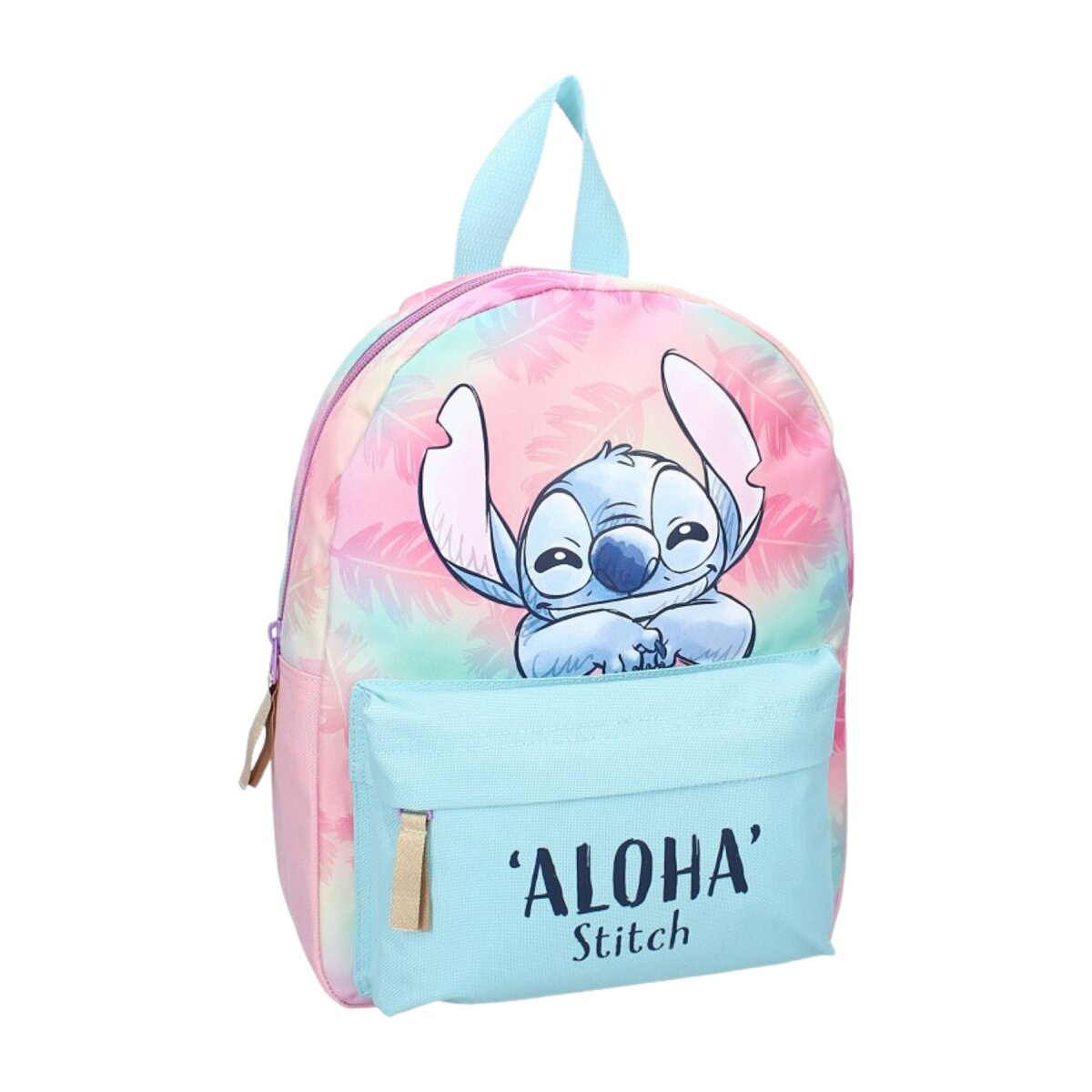 Ein bunter Rucksack mit einer Cartoonfigur. Der Rucksack hat eine blaue Tasche mit Text.
