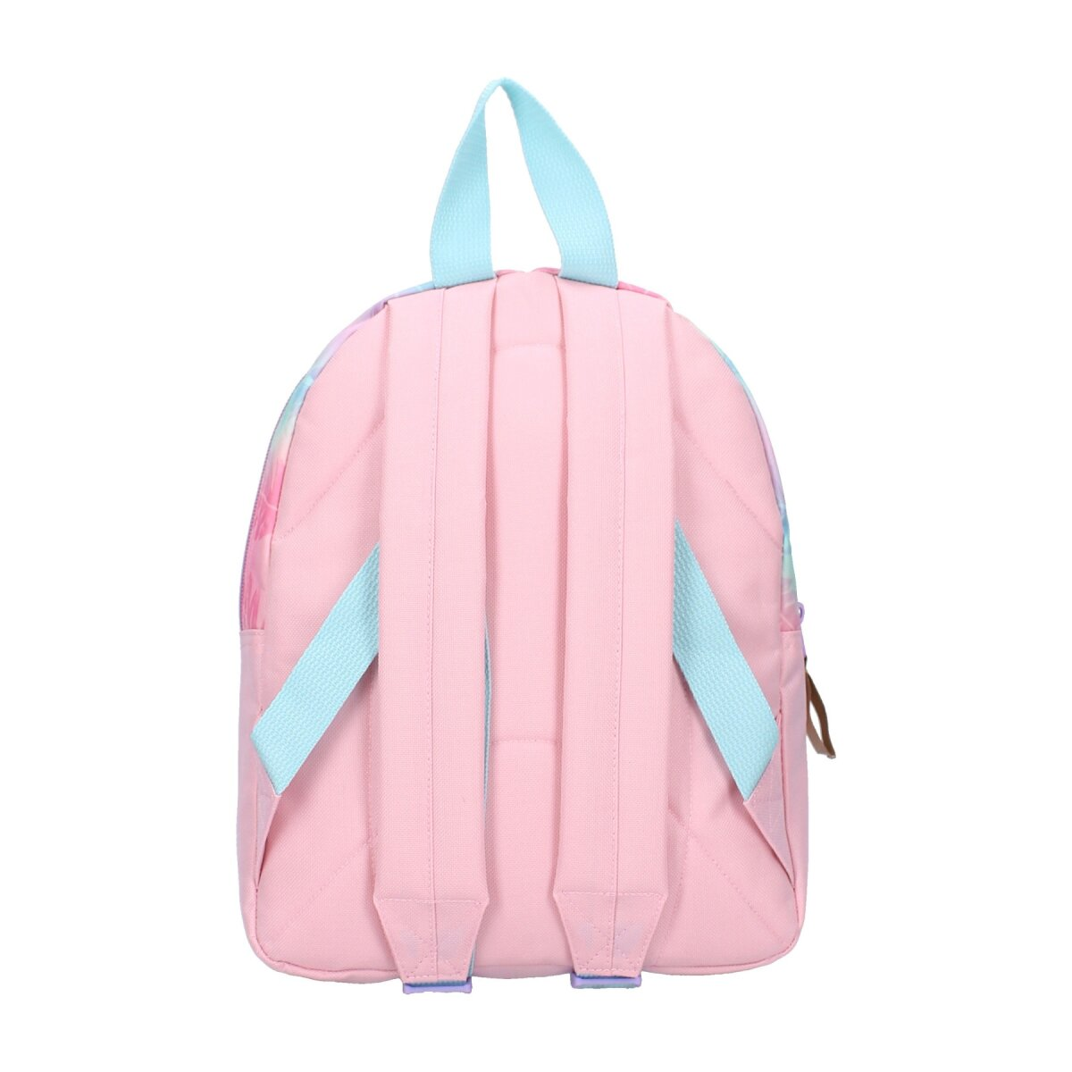 Rosa Rucksack mit blauen Trägern und einem blauen Griff oben. Die Rückseite.