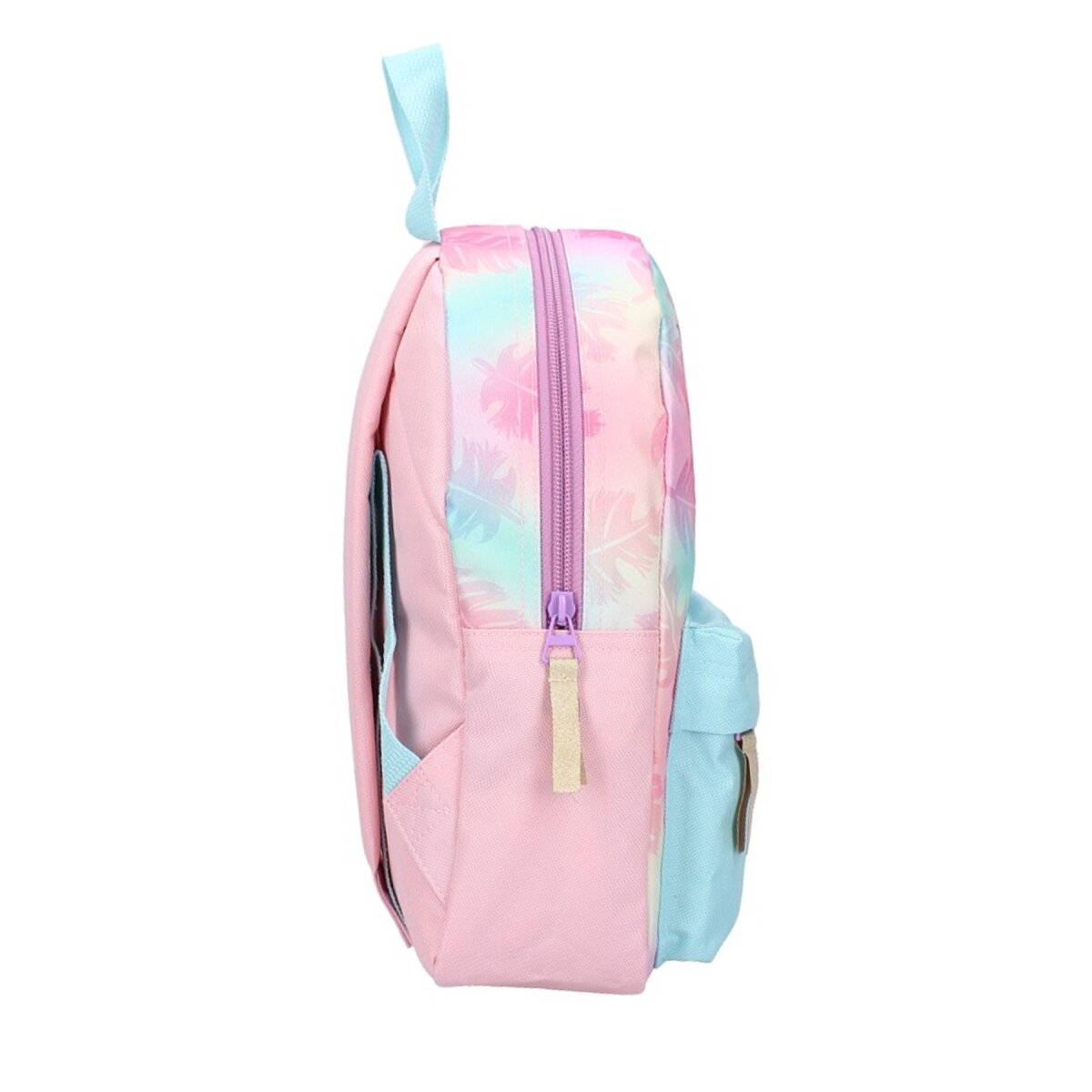 Rosa und blauer Rucksack mit hellblauem Griff und Reißverschluss.
