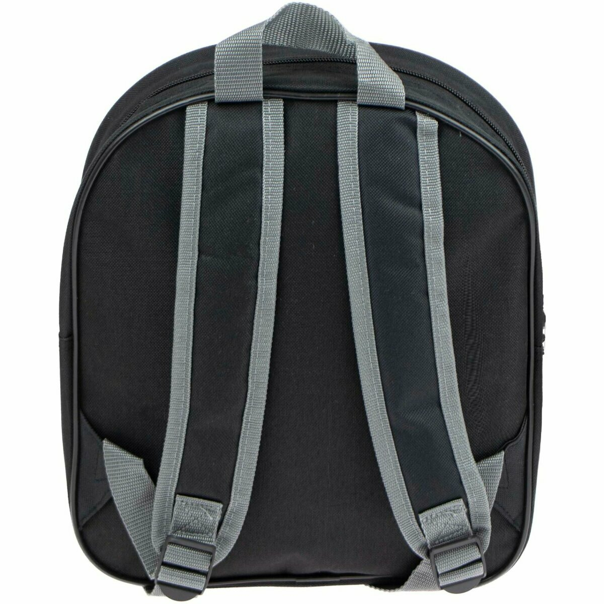 Ein schwarzer Rucksack mit grauen Trägern und Reißverschlüssen, von hinten gesehen.