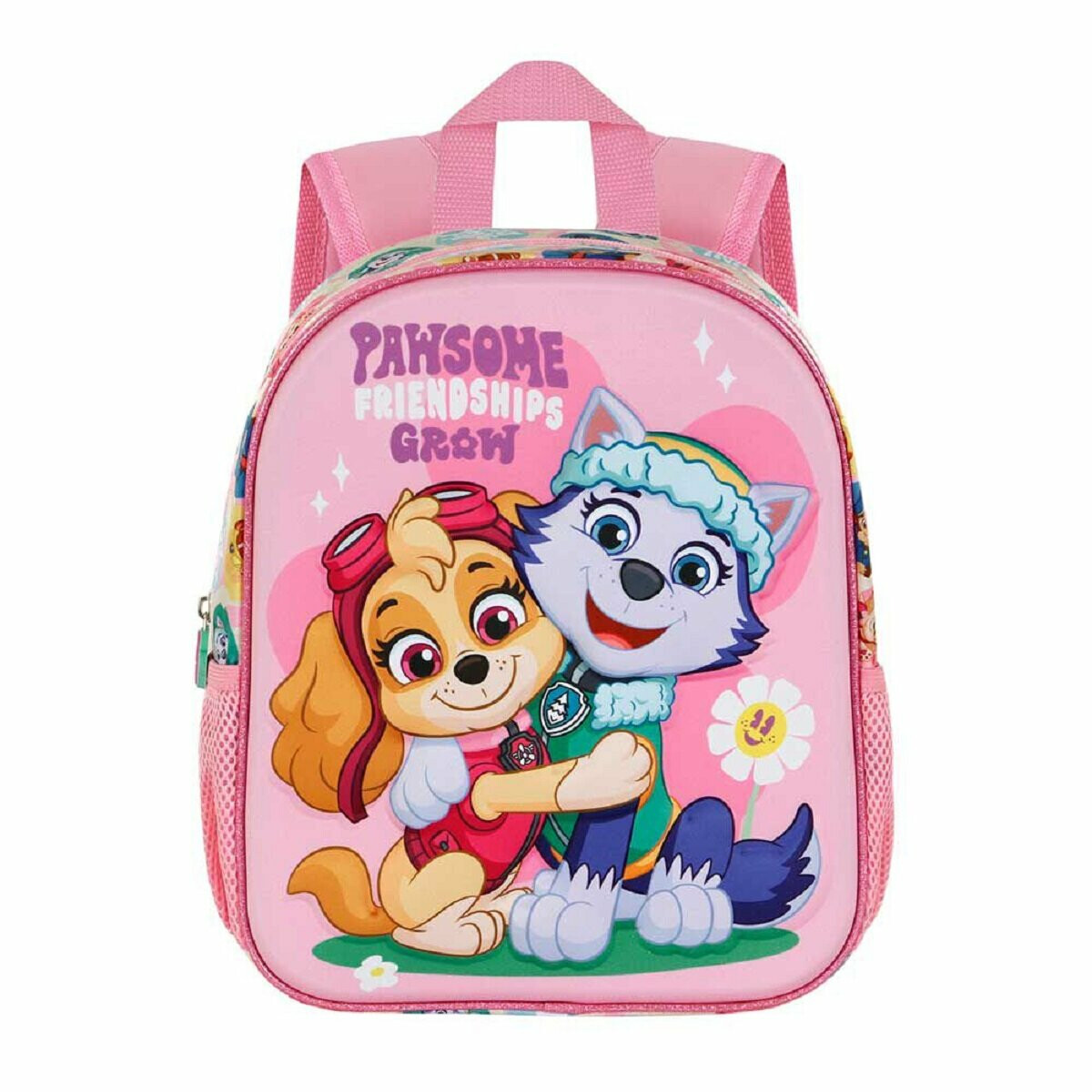 Rosa Rucksack mit Paw Patrol Charakteren Skye und Everest umarmend.