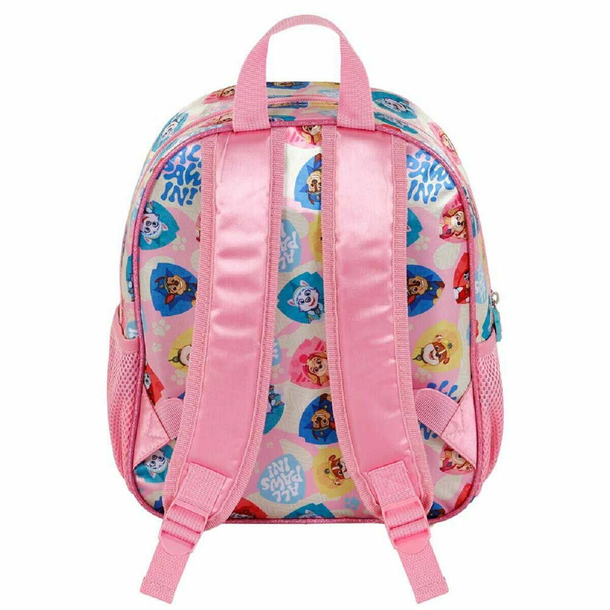 Pinker Rucksack mit Paw Patrol-Charakteren, rosa Trägern und Reißverschlüssen.
