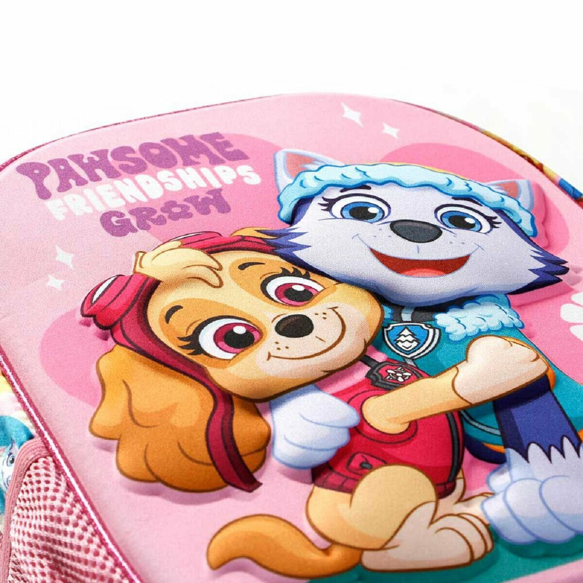 Rosa Paw Patrol Rucksack mit Skye und Everest, die sich umarmen, weißer Hintergrund.