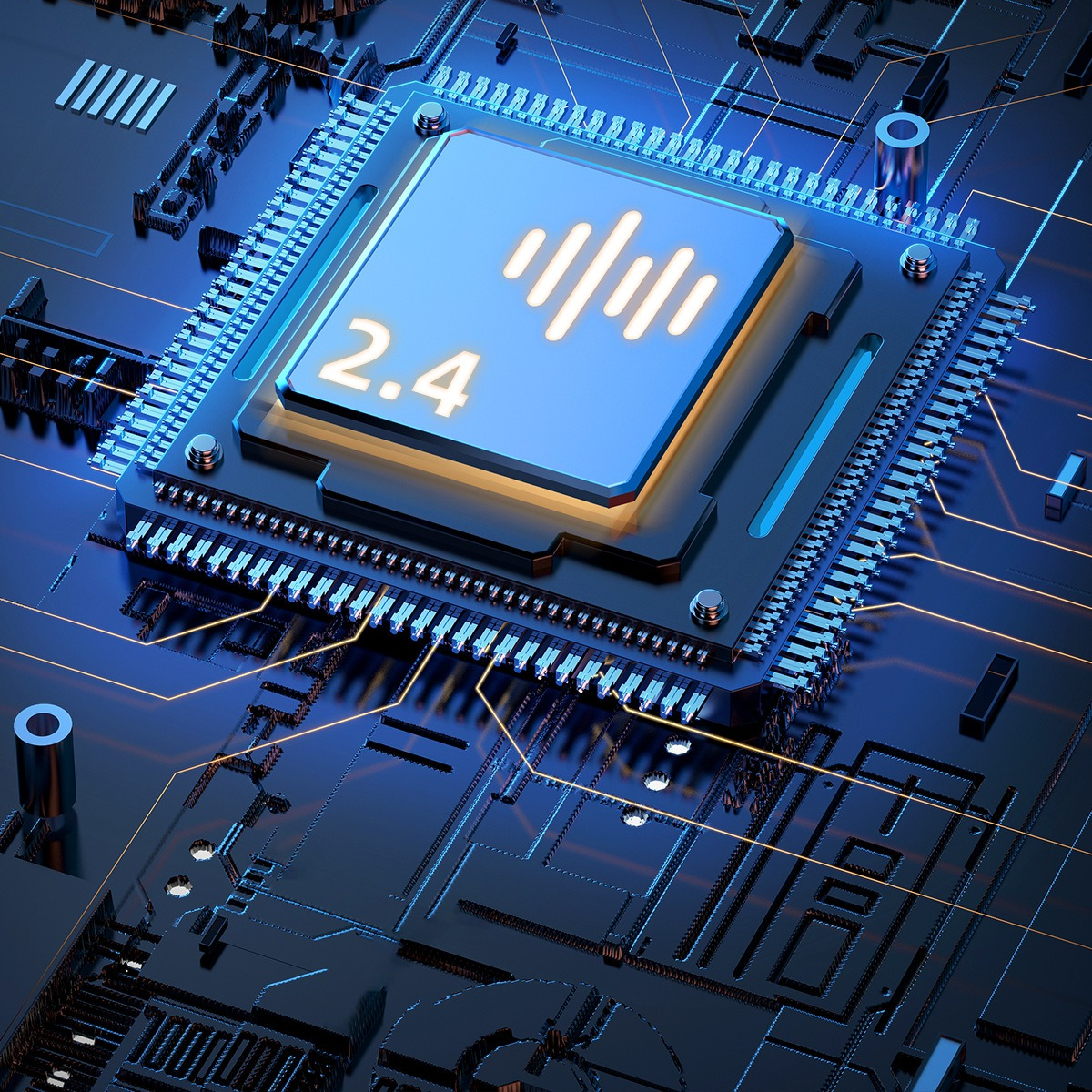 Ein blauer CPU-Chip mit einem 2,4-Label wird vor einem schwarzen Hintergrund mit Schaltungsdetails gezeigt.