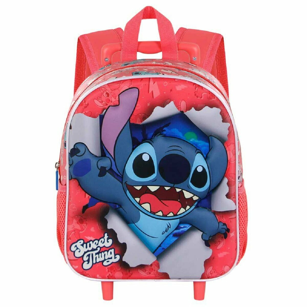 Rollrucksack mit Stitch-Figur auf rotem Hintergrund und weißen Akzenten.