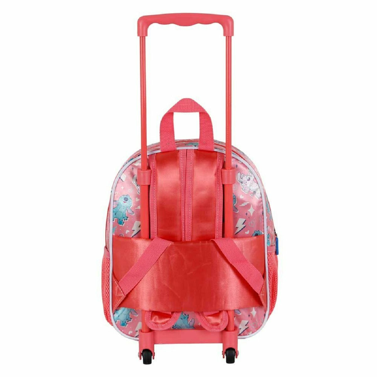 Rosa Rollrucksack mit rosa Griff und einer Cartoonfigur auf der Vorderseite. Ein rosa Gurt und Räder sind sichtbar.