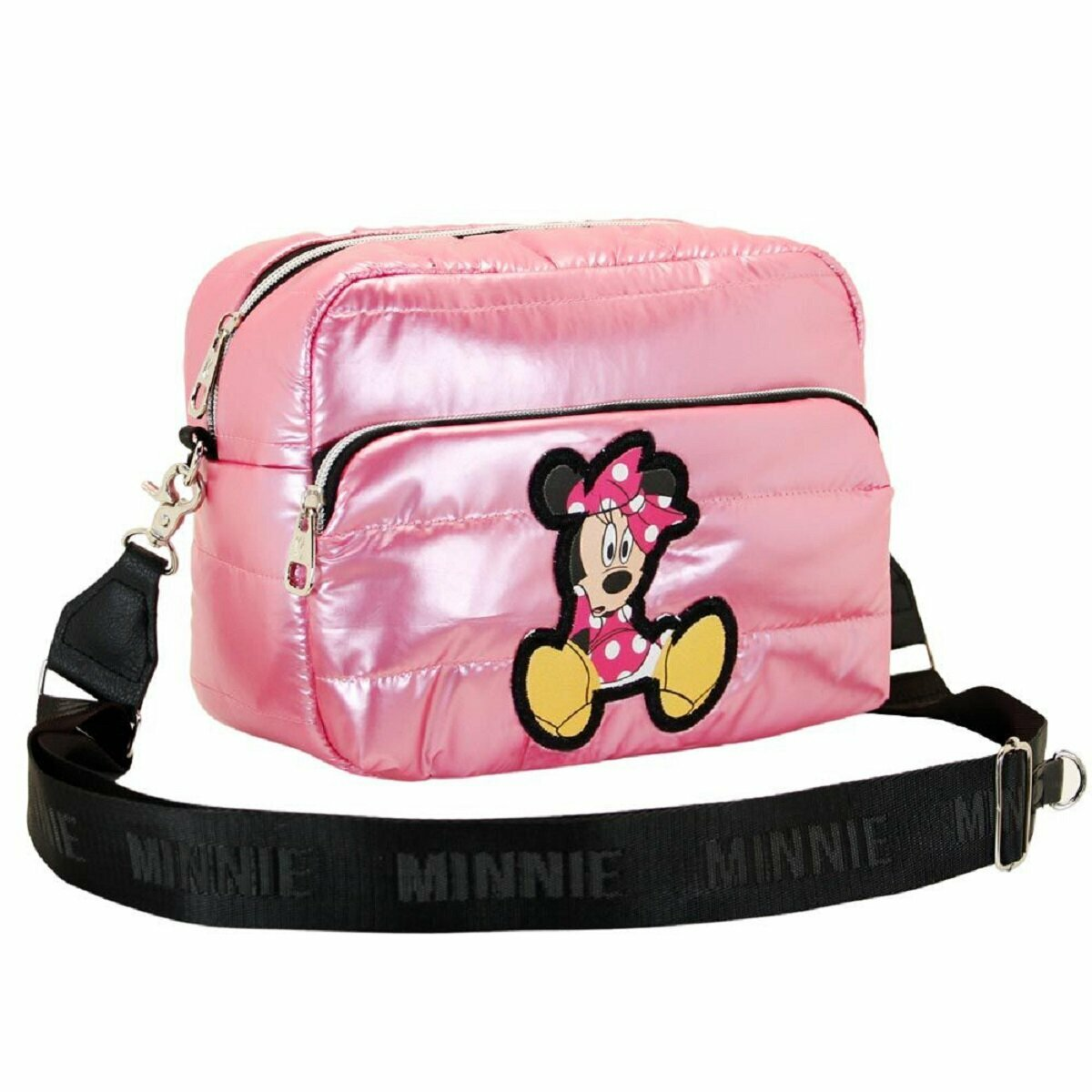 Rosa Minnie Mouse Umhängetasche. Schwarzer Riemen mit 'MINNIE'-Text. Minnie-Patch vorne, Reißverschluss.