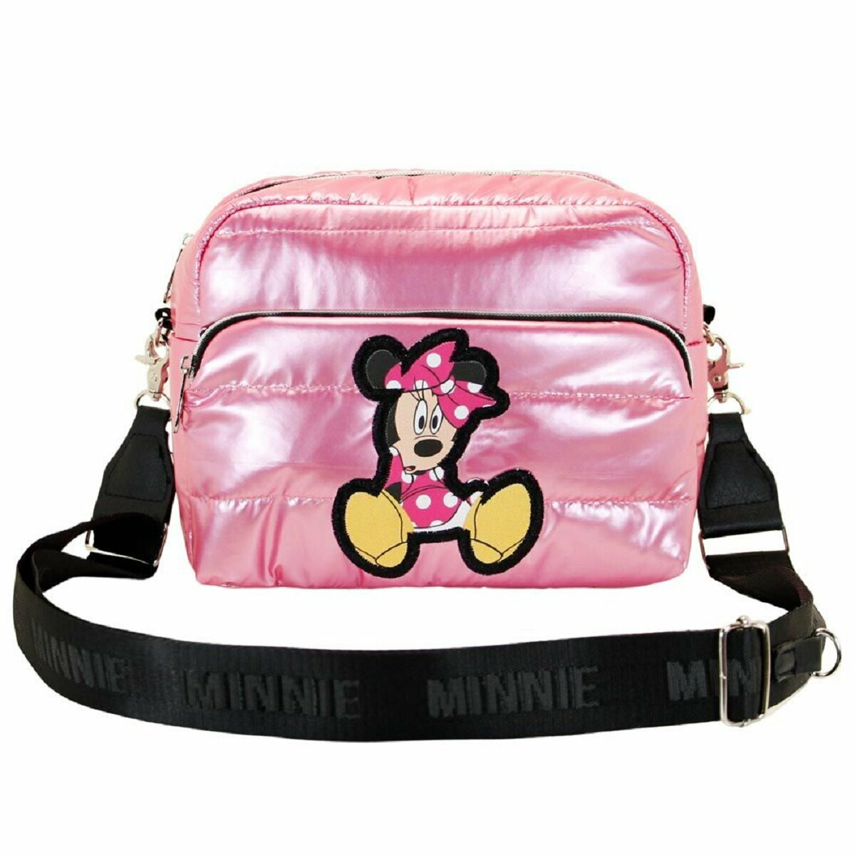 Rosa metallic Minnie Mouse Umhängetasche mit schwarzem Riemen. Minnie Mouse Aufnäher vorne.