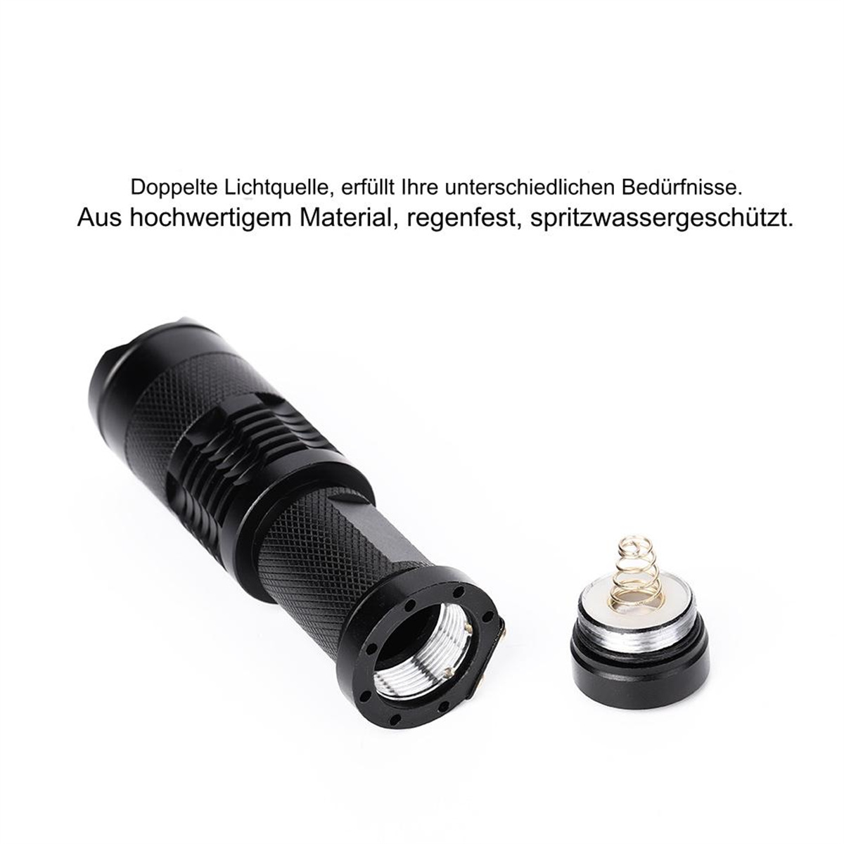 Zerlegte schwarze Taschenlampe mit Teilen und Text auf weißem Hintergrund.