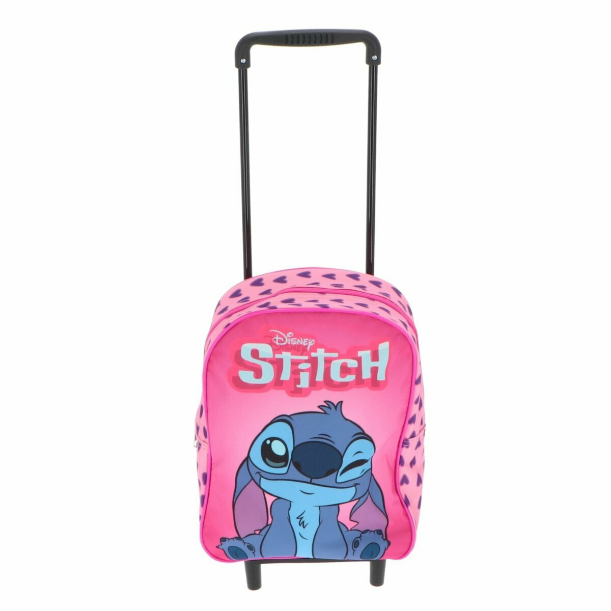 Pinker Stitch-Rollkoffer mit schwarzem Griff. Stitch zwinkert dem Betrachter zu.