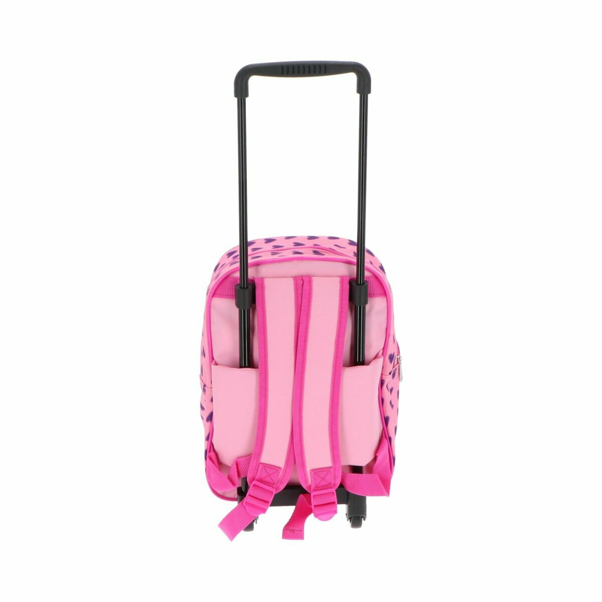 Rosa Rollrucksack mit lila herzförmigen Mustern und schwarzem Griff.
