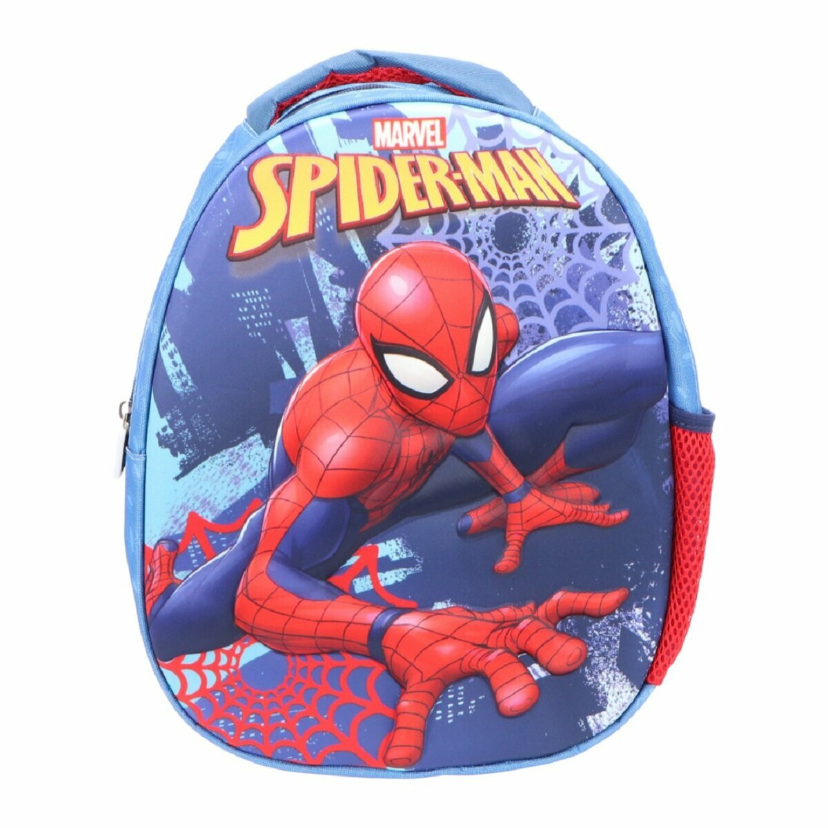 Spiderman-Rucksack mit roten und blauen Farben. Hat Webdesign und Spiderman-Bild darauf.