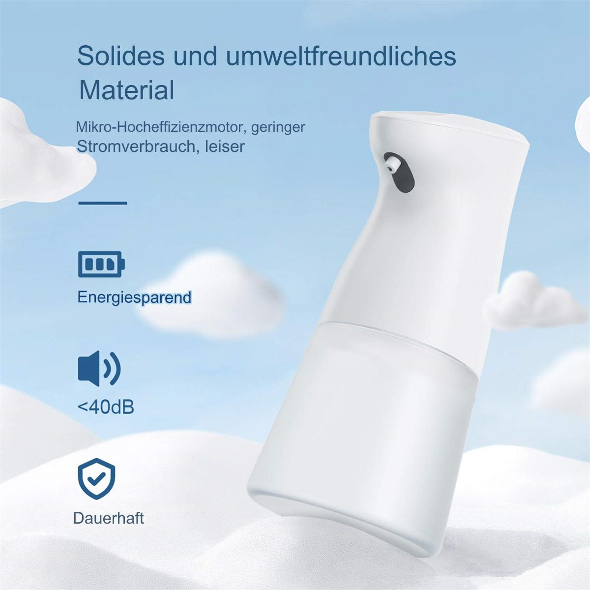 Ein weißer, automatischer Seifenspender mit einem transparenten, zylindrischen Sockel vor blauem Himmel.