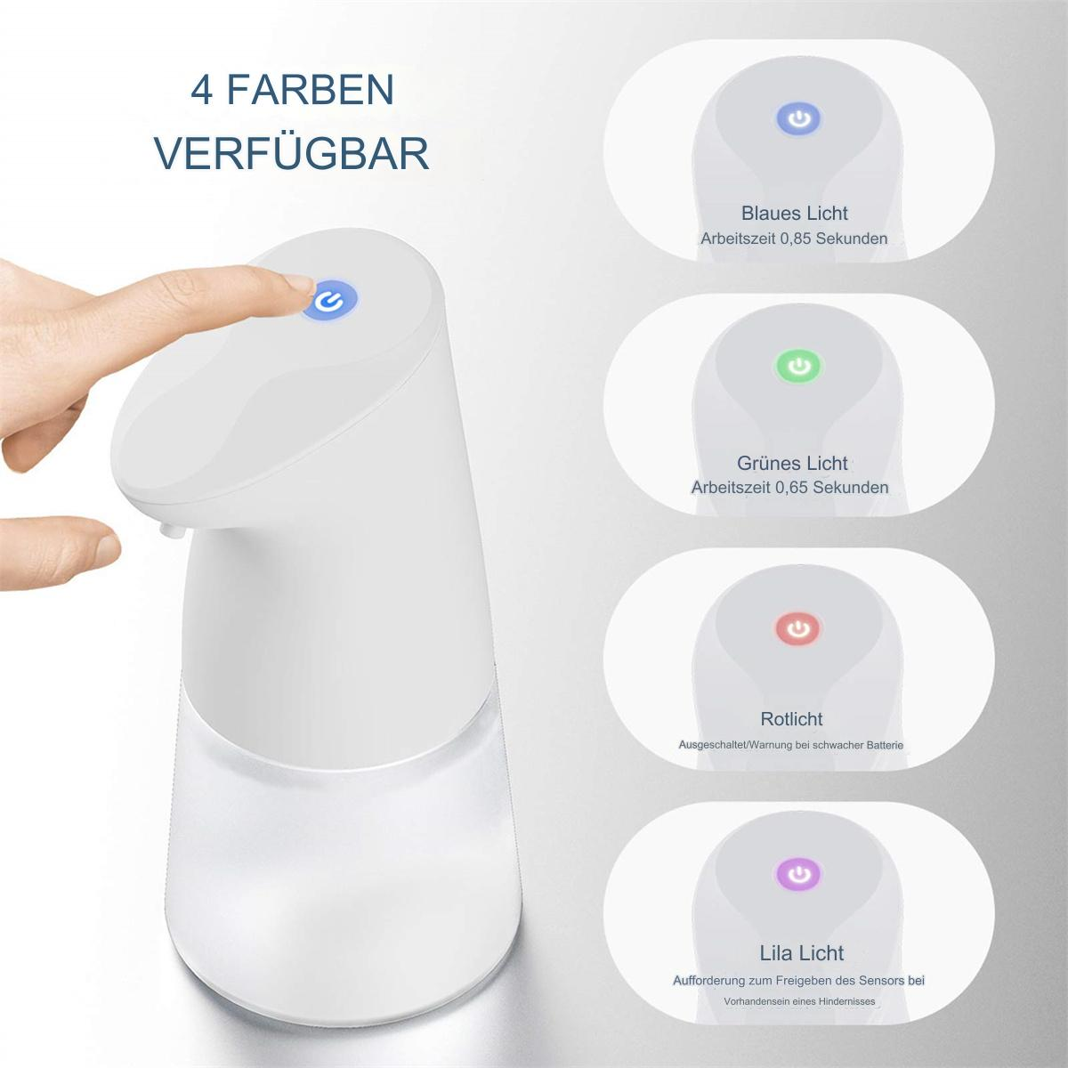 Ein weißer automatischer Seifenspender mit berührungsempfindlichen Funktionen und 4 Farboptionen. Ein Finger berührt die Einschalttaste.