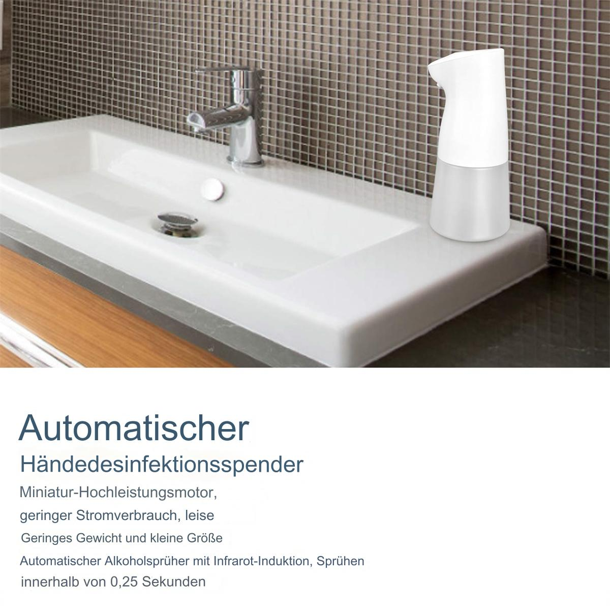 Weißer automatischer Händedesinfektionsmittelspender auf weißem Waschbecken, Text auf Deutsch.