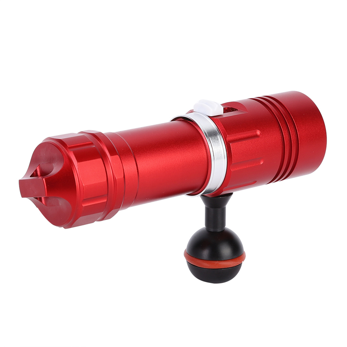 Rote Unterwasser-Taschenlampe mit schwarzem Griff und weißem Schalter.