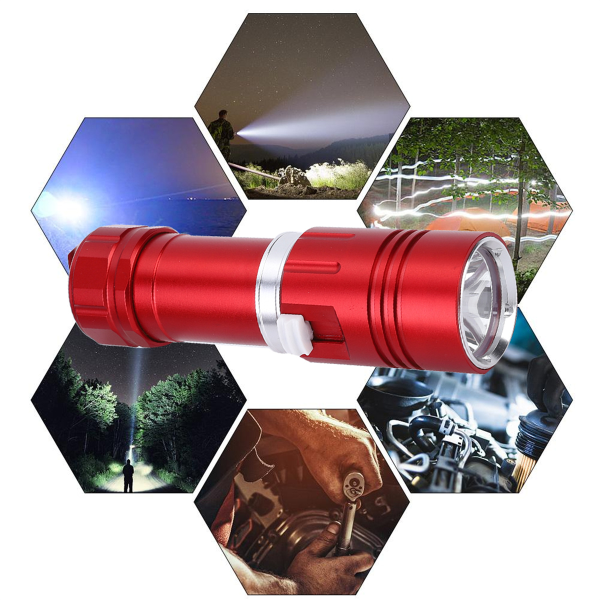 Rote Taschenlampe mit mehreren Sechseck-Szenen. Szenen zeigen Licht im Dunkeln, Autoreparatur und Outdoor-Aktivitäten.