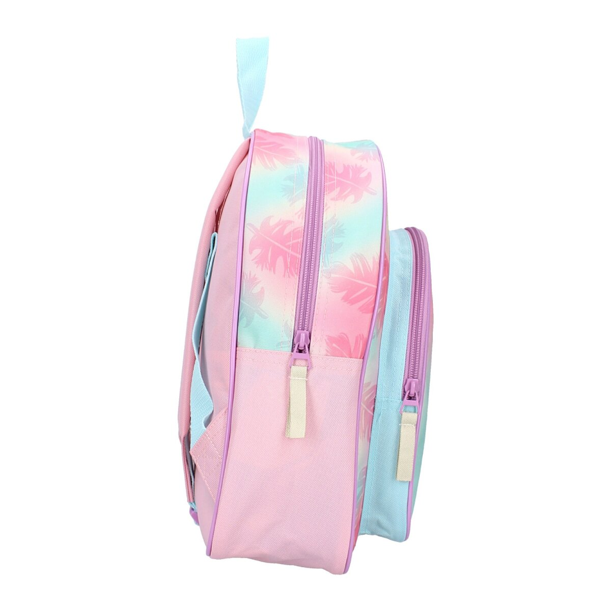 Rosa und blauer Rucksack von der Seite, mit zwei Reißverschlussfächern.
