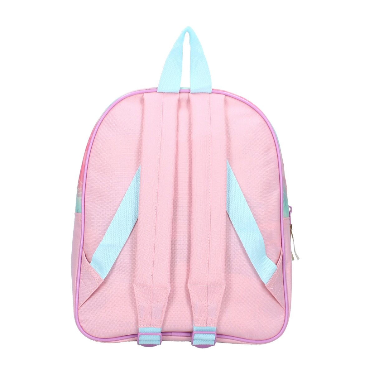 Rosa Rucksack mit blauen Trägern. Der Rucksack hat ein hellblaues und lila Design.