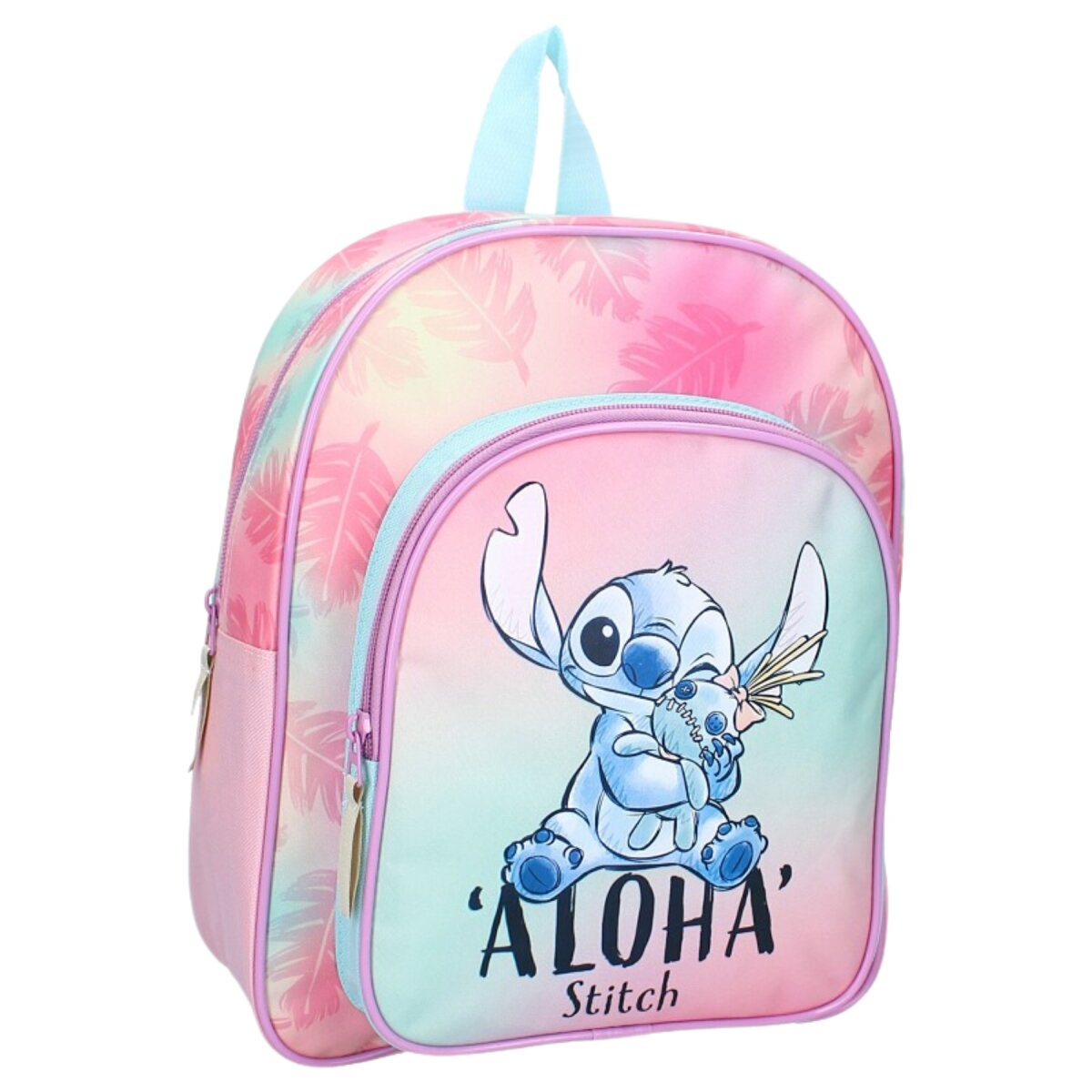 Rosa Rucksack mit Stitch-Grafik und dem Text 'Aloha'.