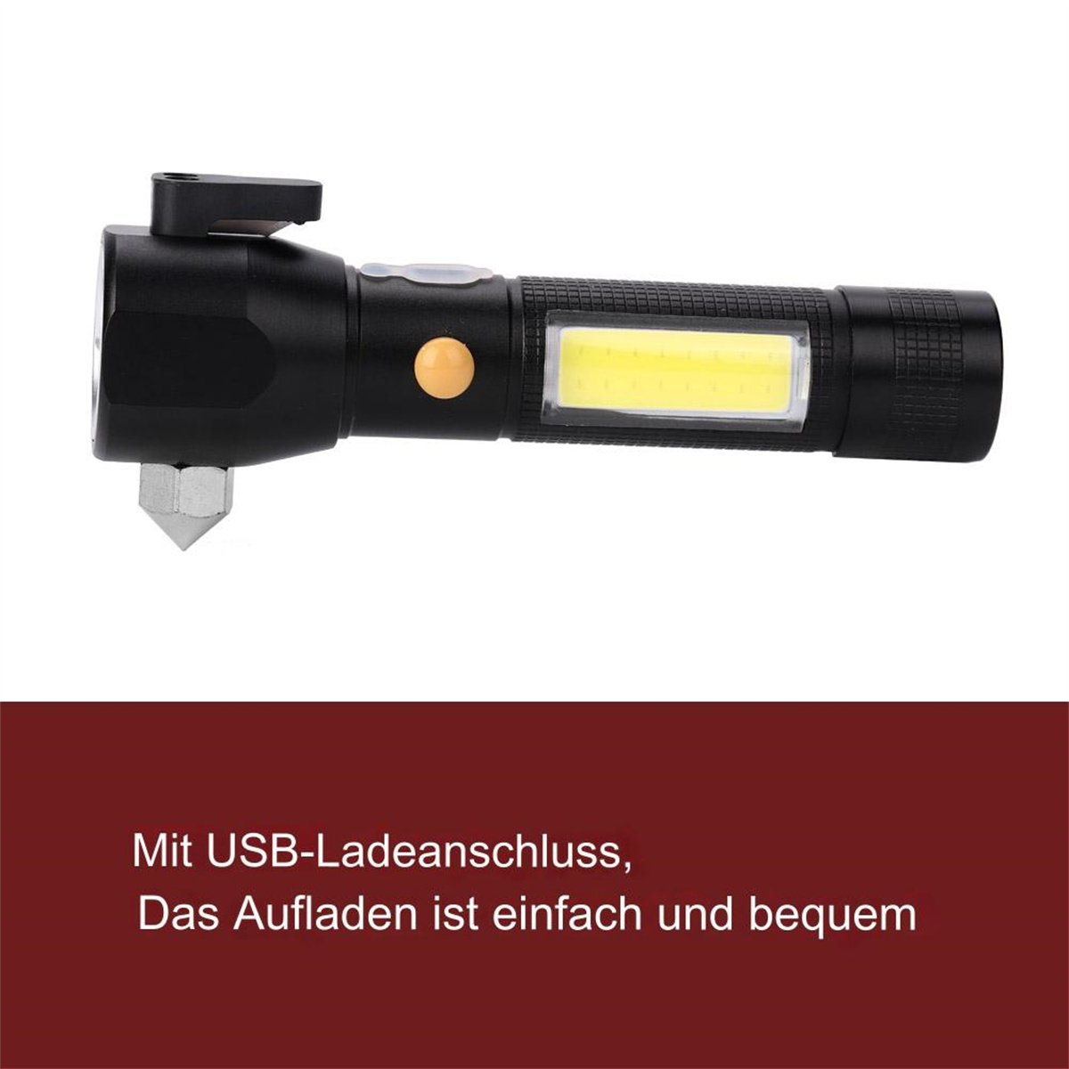 Schwarze Taschenlampe mit USB-Ladeanschluss und Glasbrecher. Gelbe Taste.