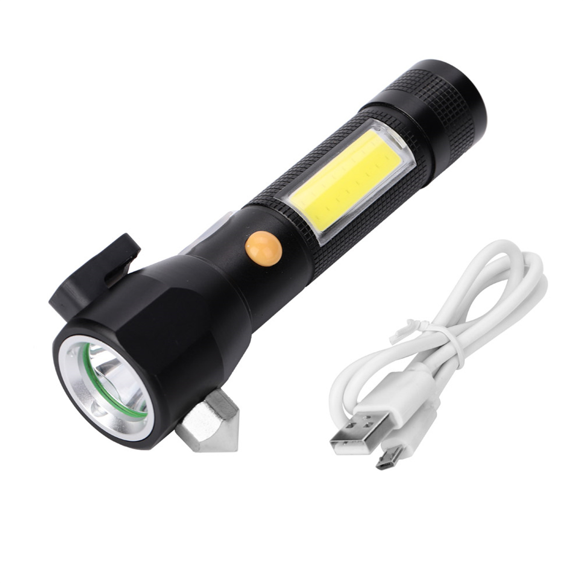 Eine schwarze Taschenlampe mit Seitenlicht, Glasbrecher und USB-Ladekabel.