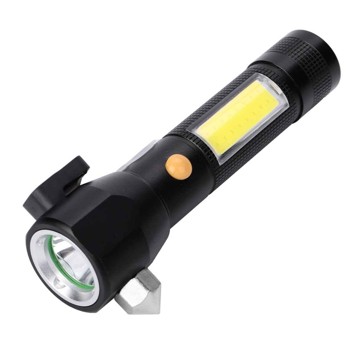 Schwarze Taschenlampe mit COB-Licht und Glasschneider.