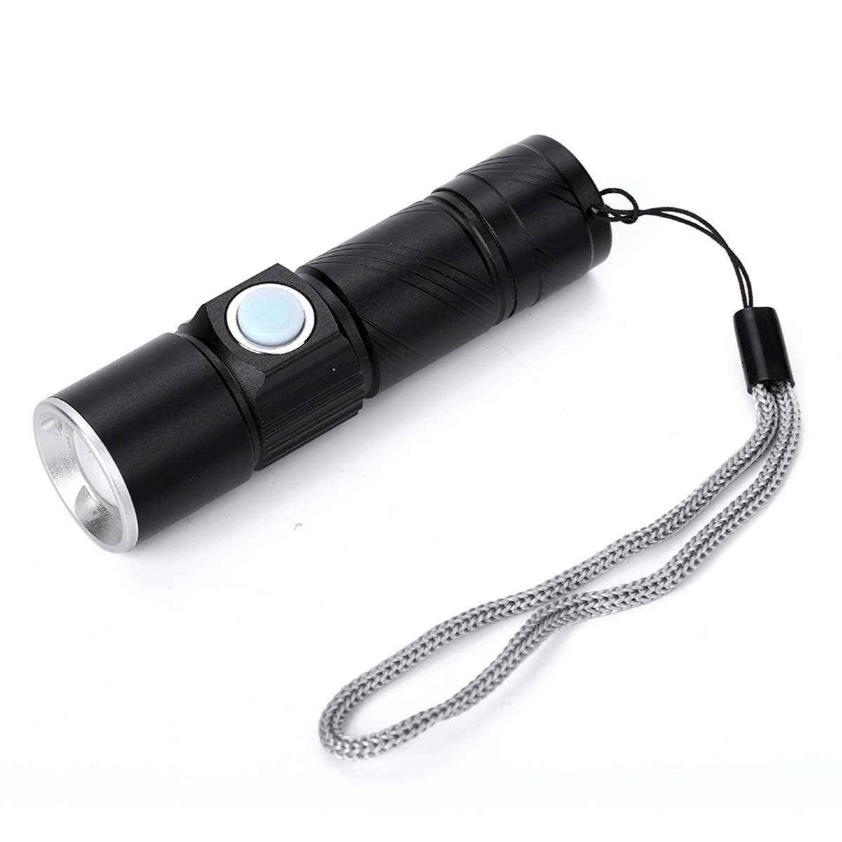 Schwarze Taschenlampe mit silbernem Licht und grauem Riemen, auf weißer Oberfläche.