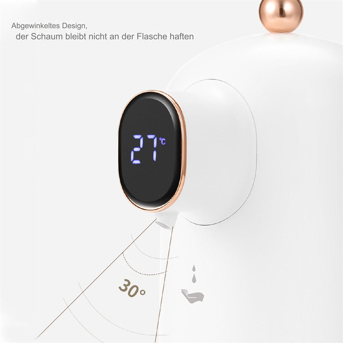 Weißer Seifenspender mit Digitalanzeige (27°C) und roséfarbenem Akzent.