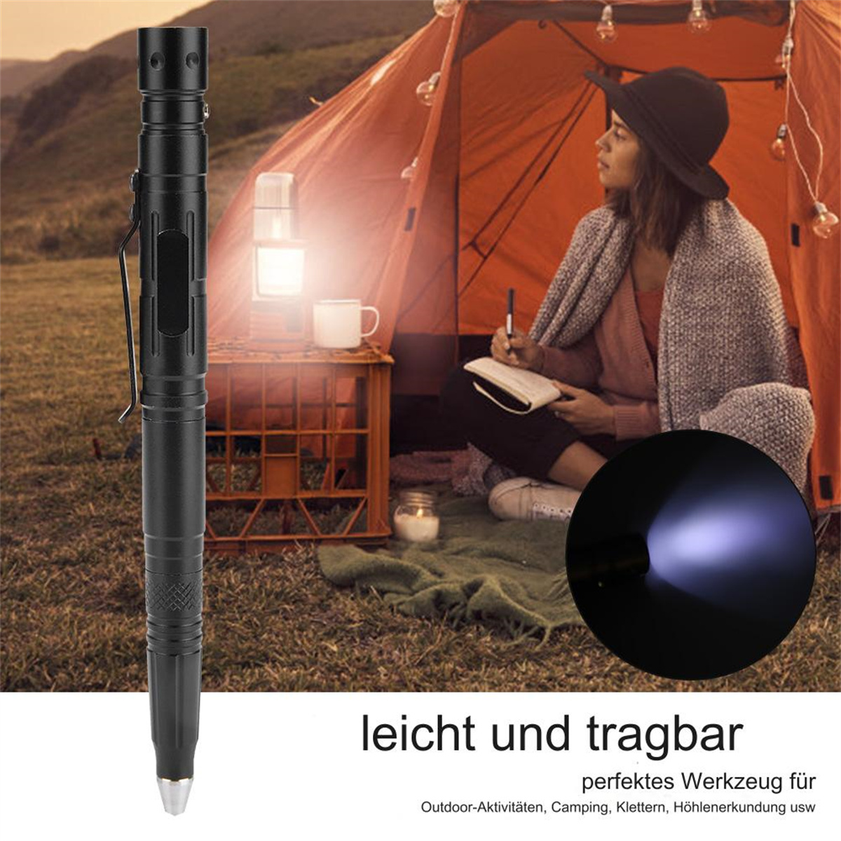 Schwarzer taktischer Stift mit Licht. Frau schreibt im Hintergrund am Zelt.