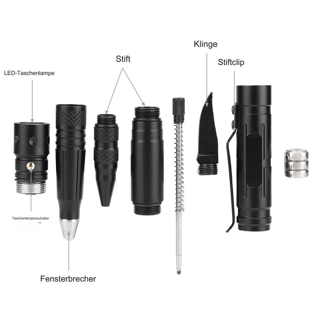 Zerlegtes schwarzes Multitool. Enthält LED-Taschenlampe, Stift, Glasbrecher und Klingenkomponenten.