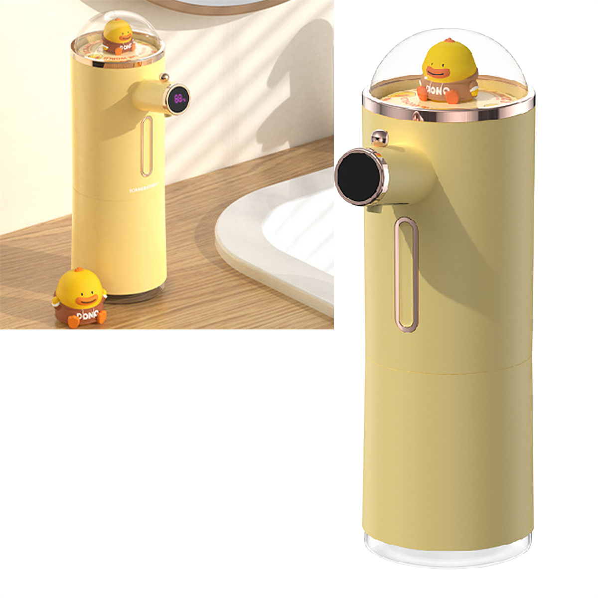 Gelber automatischer Seifenspender mit einer Ente oben. Es hat ein digitales Display und eine Entenfigur an der Seite.