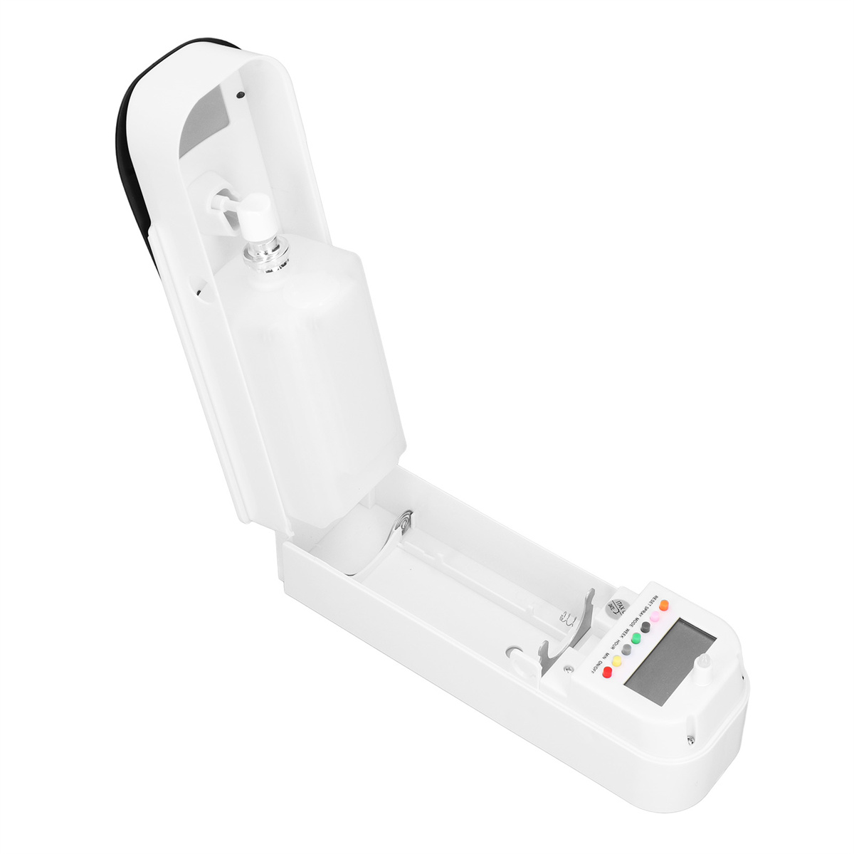 Weiß-schwarzer automatischer Händedesinfektionsmittelspender, geöffnet. Enthält einen Behälter mit klarer Flüssigkeit, Kontrollleuchten und eine Pumpe.