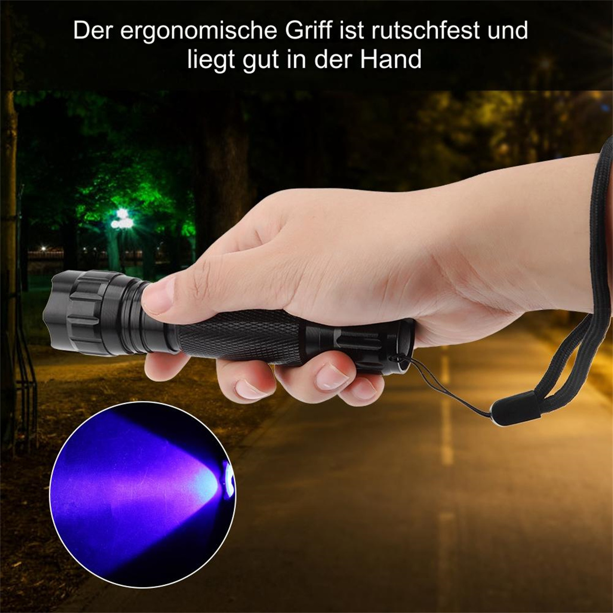 Eine Hand, die eine Taschenlampe in einer dunklen Umgebung hält. Der Strahl ist lila.