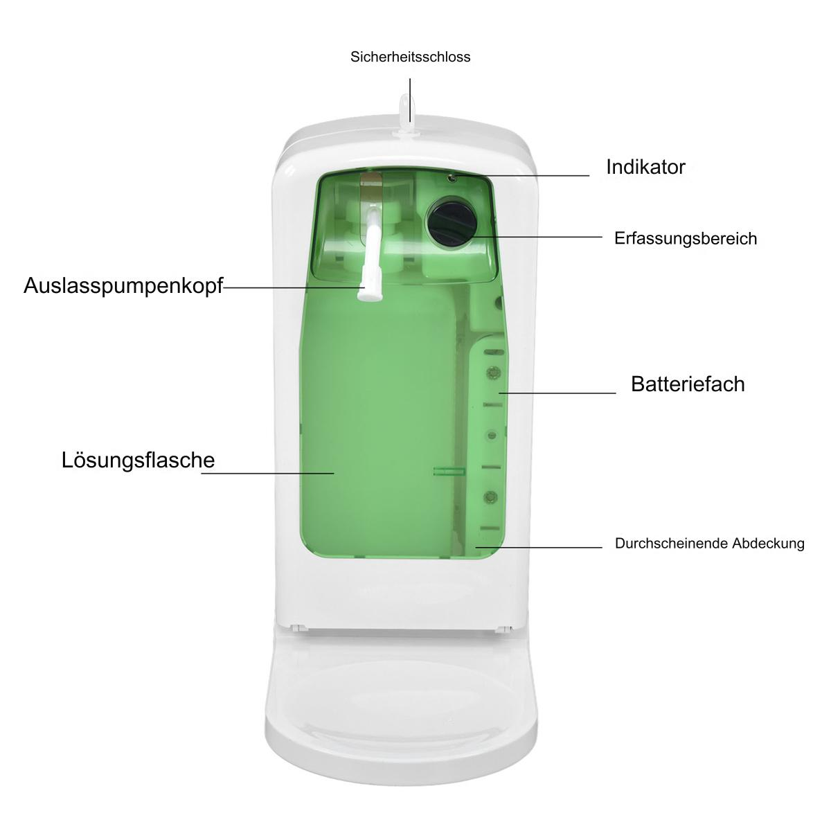Ein weißer, automatischer Seifenspender mit grüner Lösung, mit Etiketten und Anzeigen.