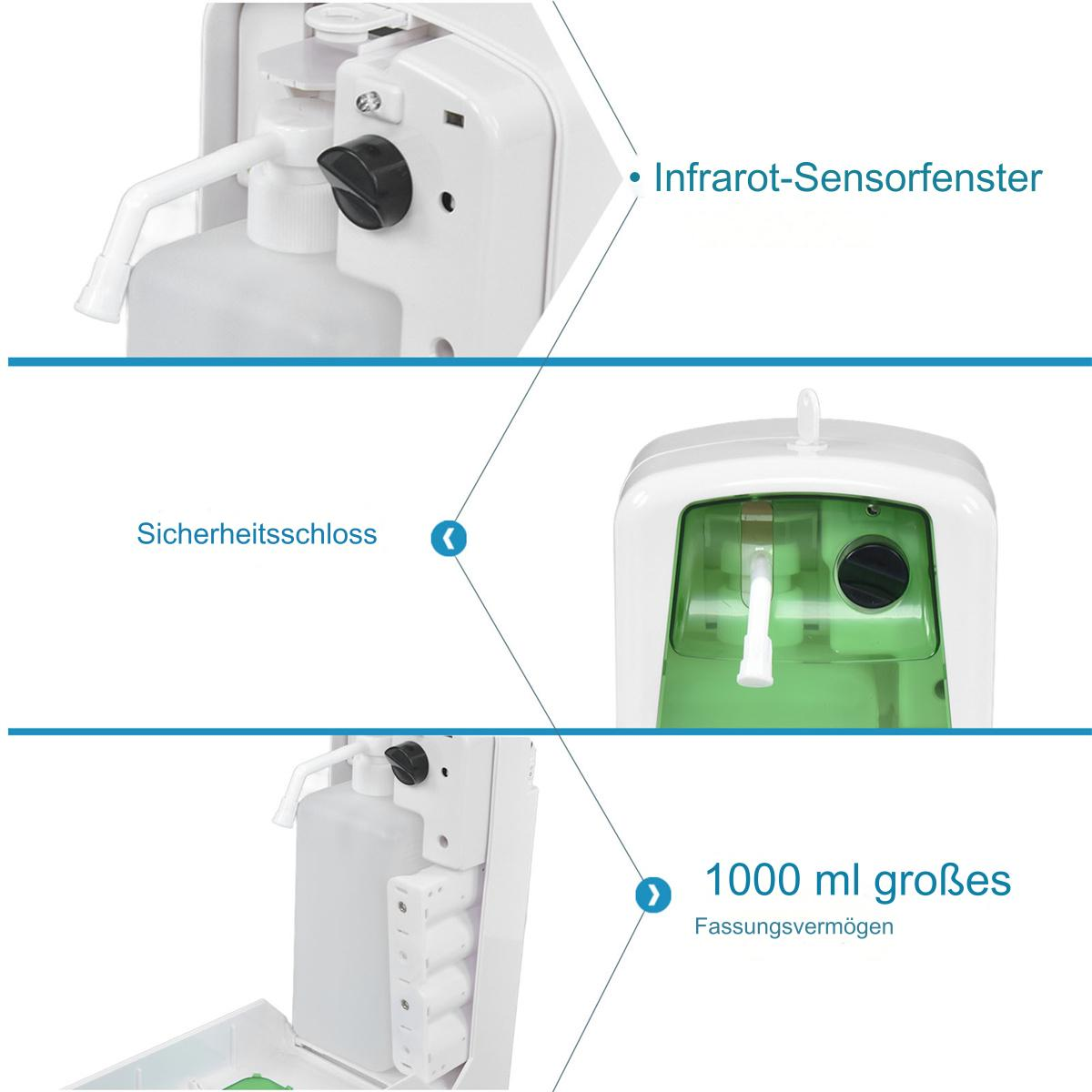Nahaufnahme eines weißen automatischen Händedesinfektionsmittelspenders. Details des Sensors, Schlosses und der Kapazität.
