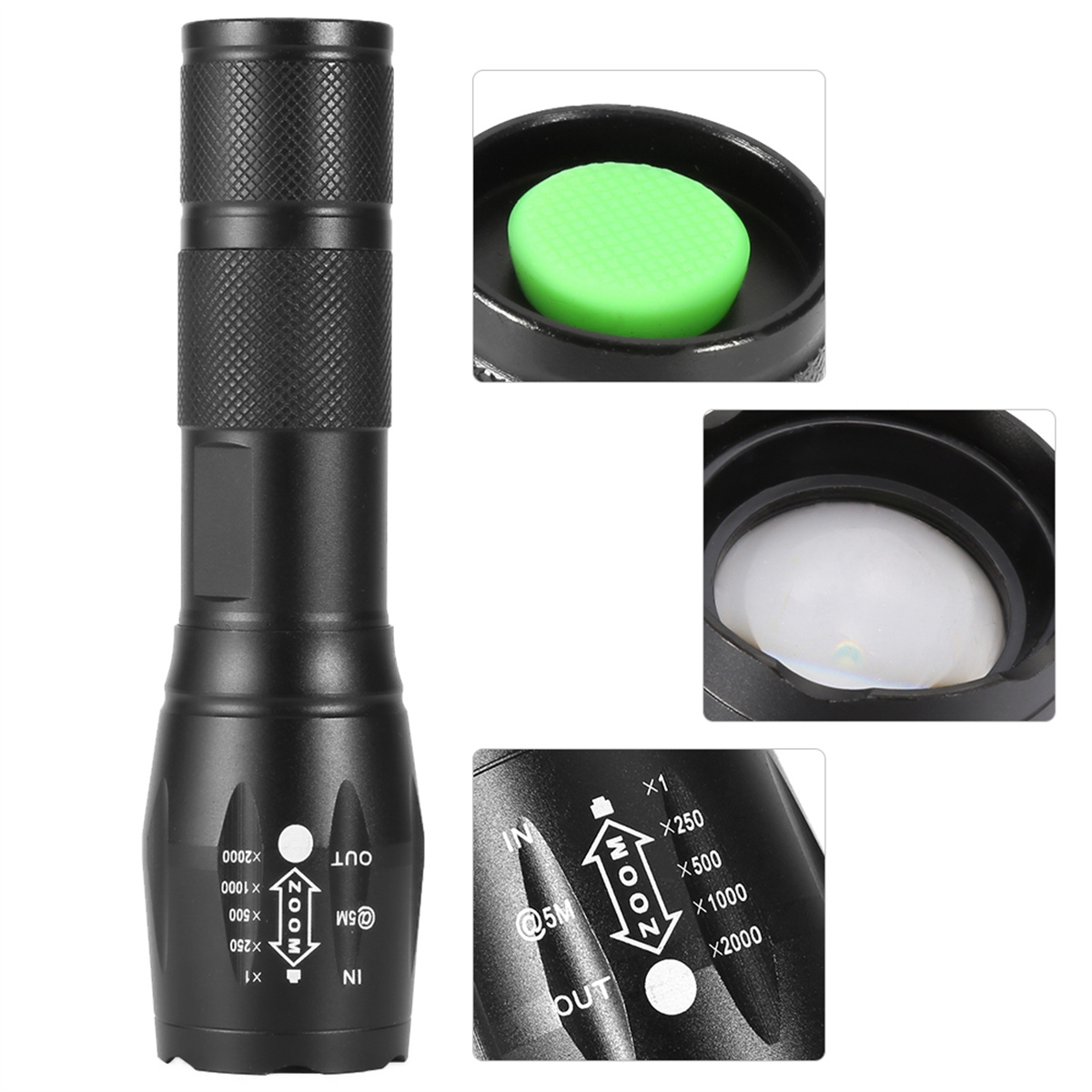 Nahaufnahme einer schwarzen Taschenlampe. Zoom und andere Einstellungen sind beschriftet.