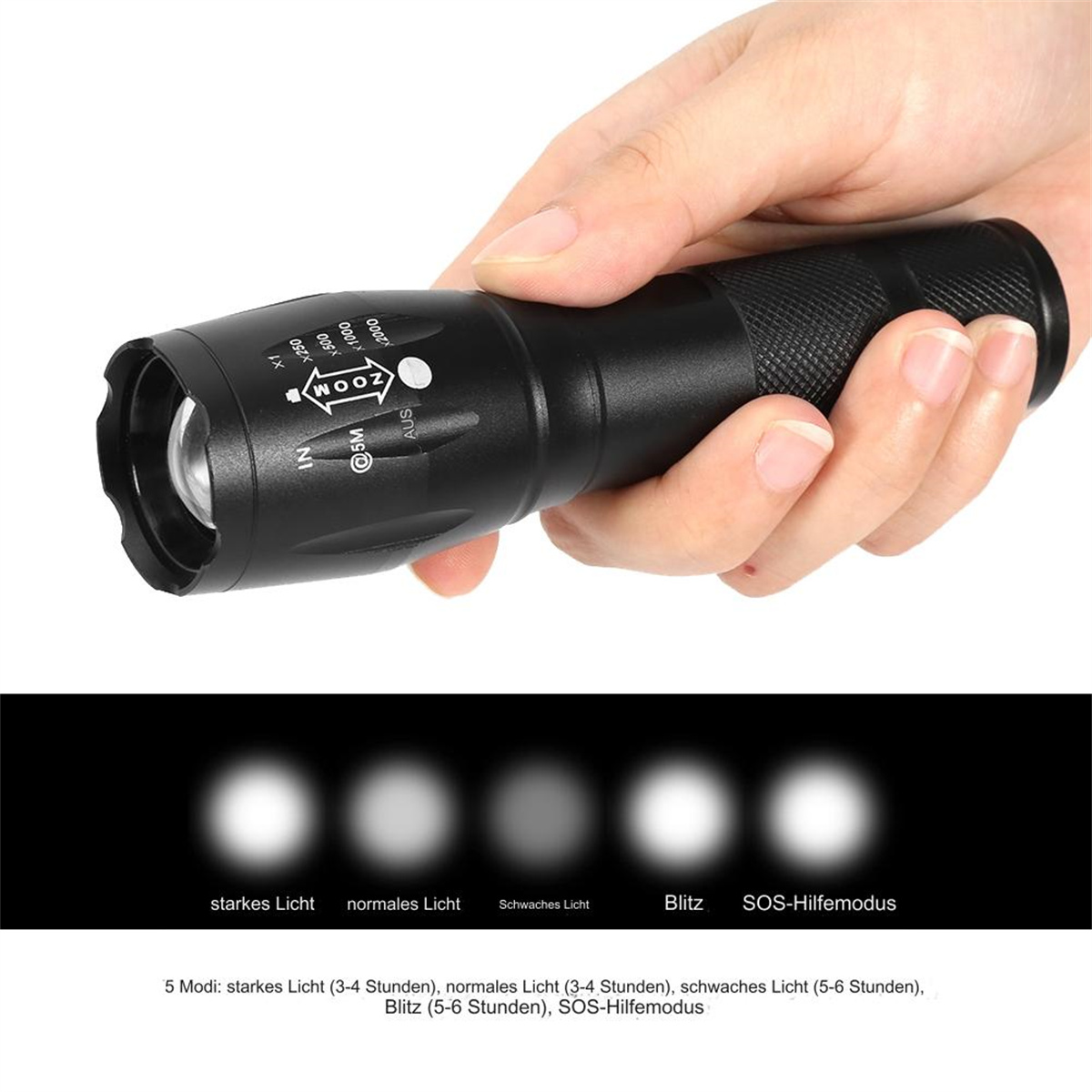 Hand hält eine schwarze Taschenlampe, darunter Lichtmodi-Symbole.