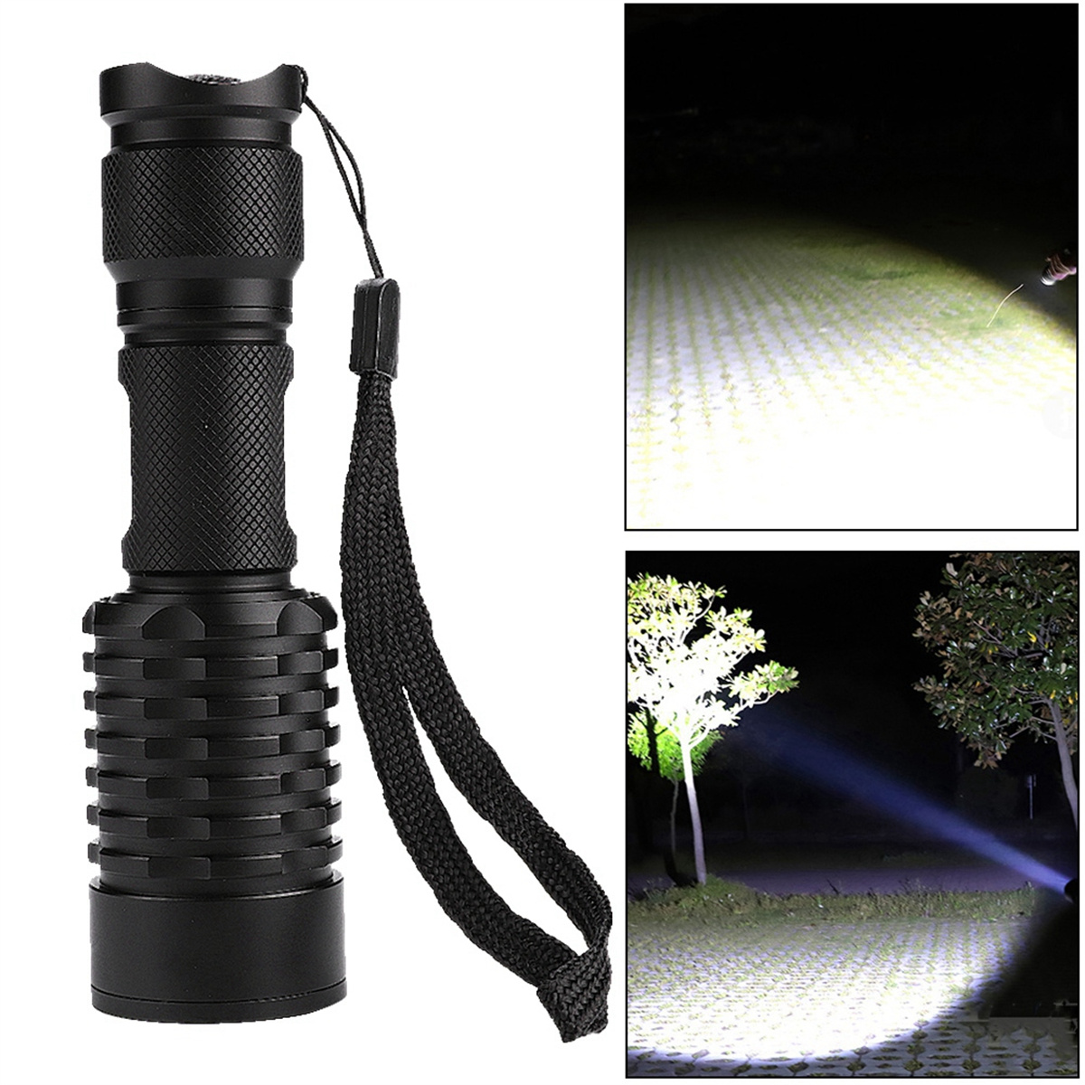 Schwarze Taschenlampe mit Riemen, beleuchtet einen Park hell.